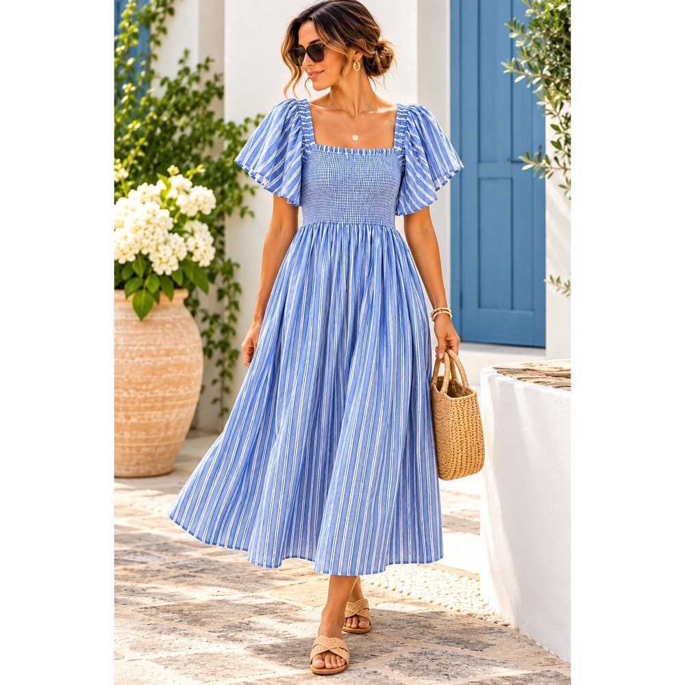 Madewell Blue White Striped Smocked Midi Dress XL Flutter Sleeve Cotton Coastal